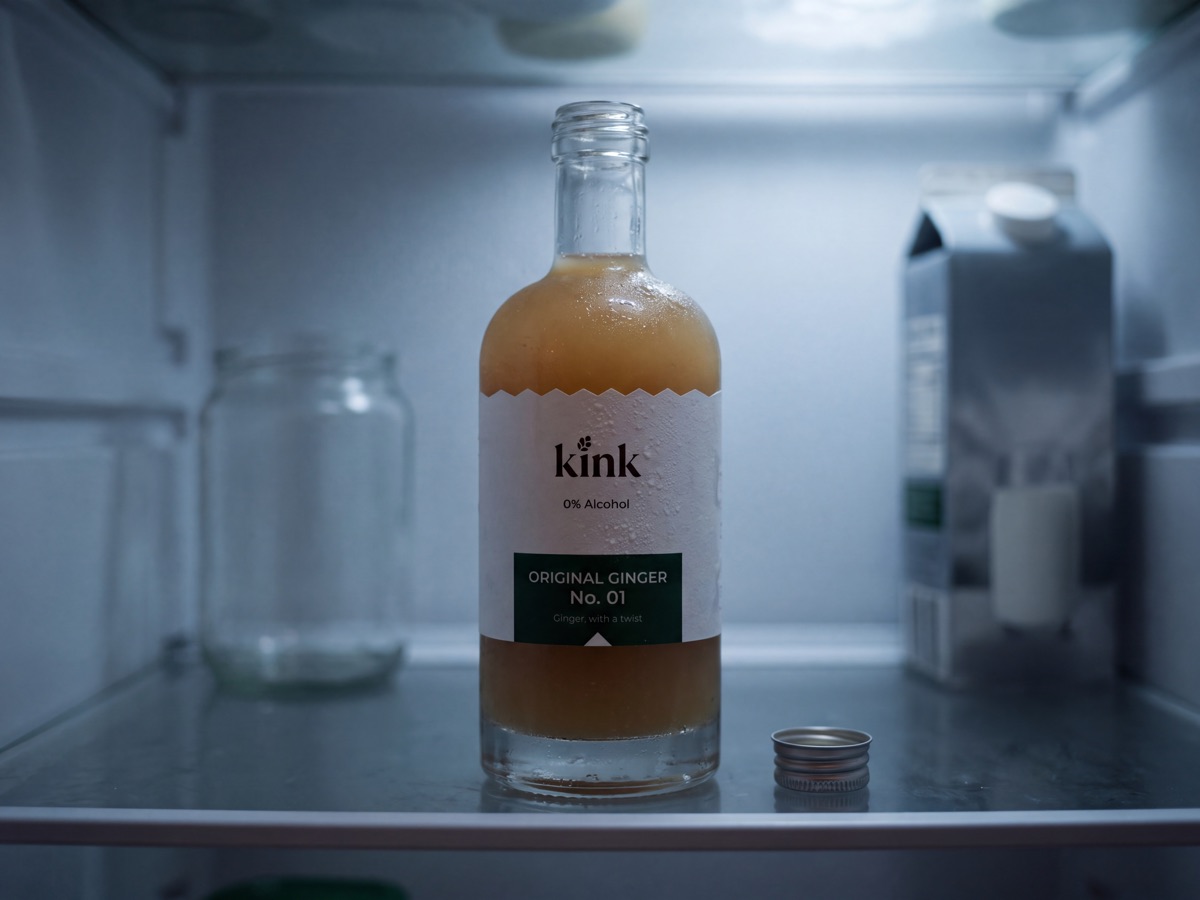 ขวด kink ขิงออริจินัลที่เปิดแล้ววางในตู้เย็น
