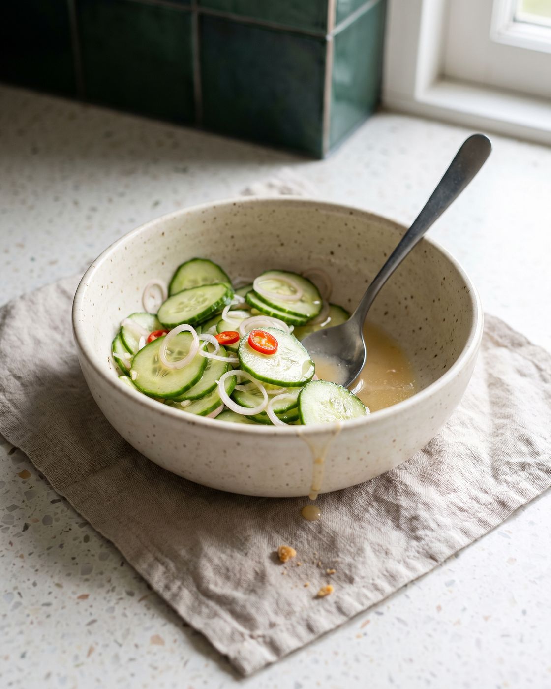Cucumber, shallot and chilli tossed loosely in a cloudy amber kink pickling liquid, in a speckled bowl with a spoon beside it