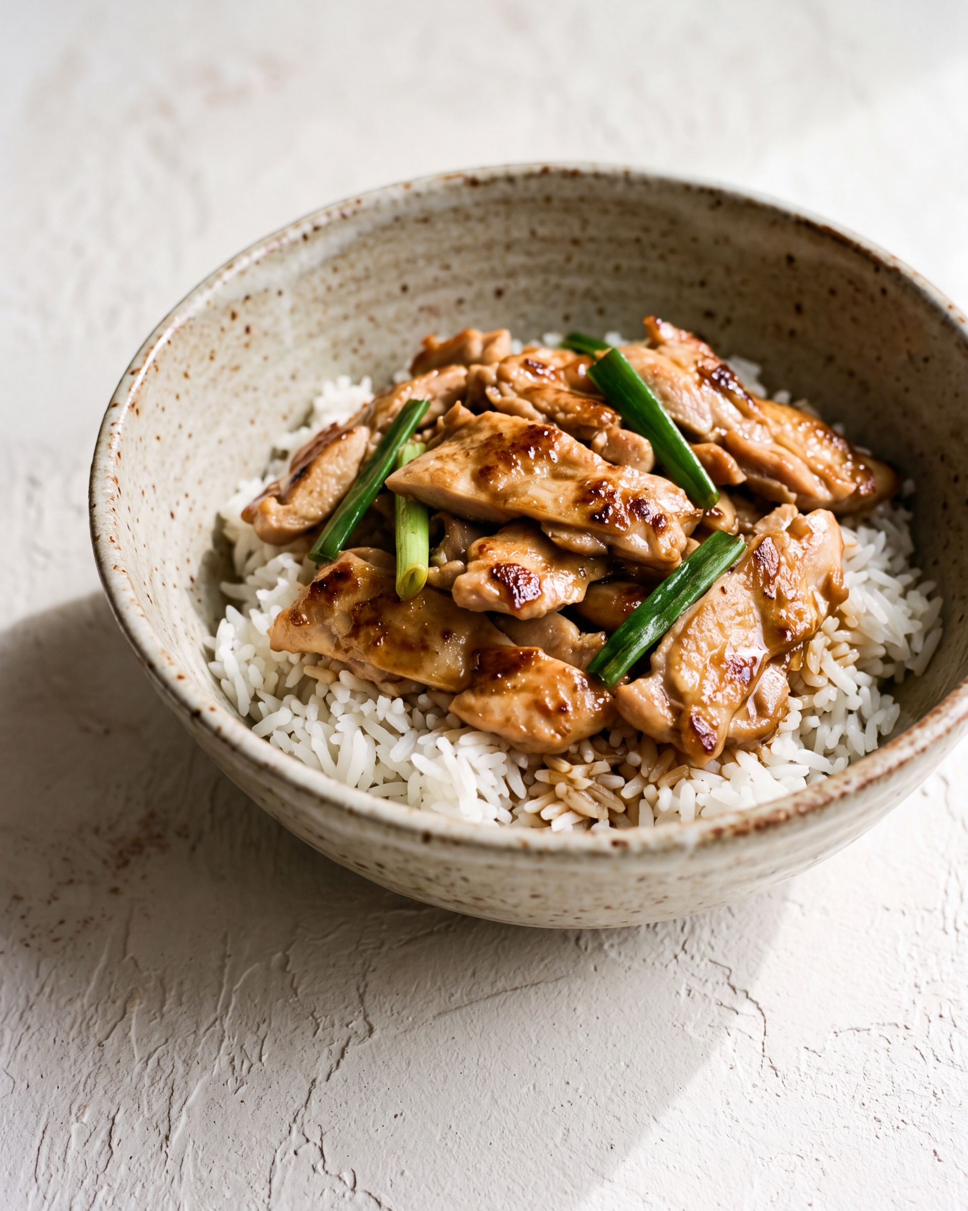 Ginger chicken with spring onions over jasmine rice, in a speckled stoneware bowl