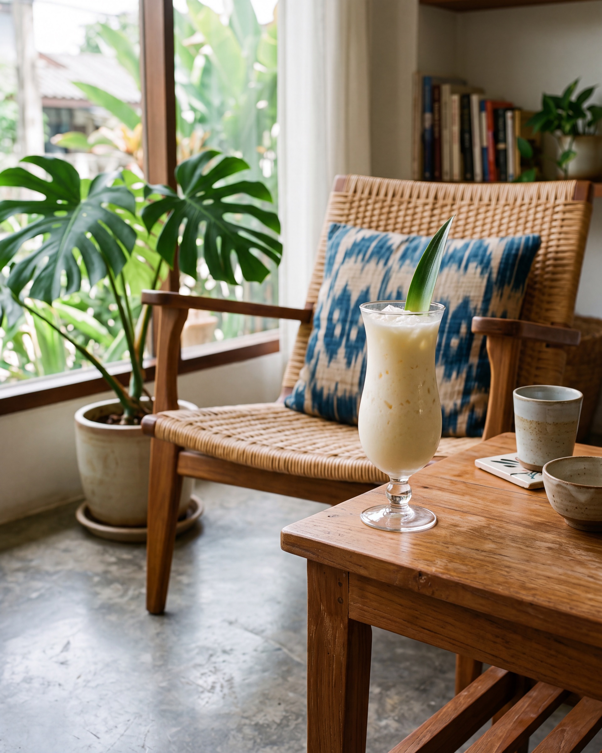 A hurricane glass of thick pale ginger colada with a pineapple leaf, on a coffee table in a modern Thai home