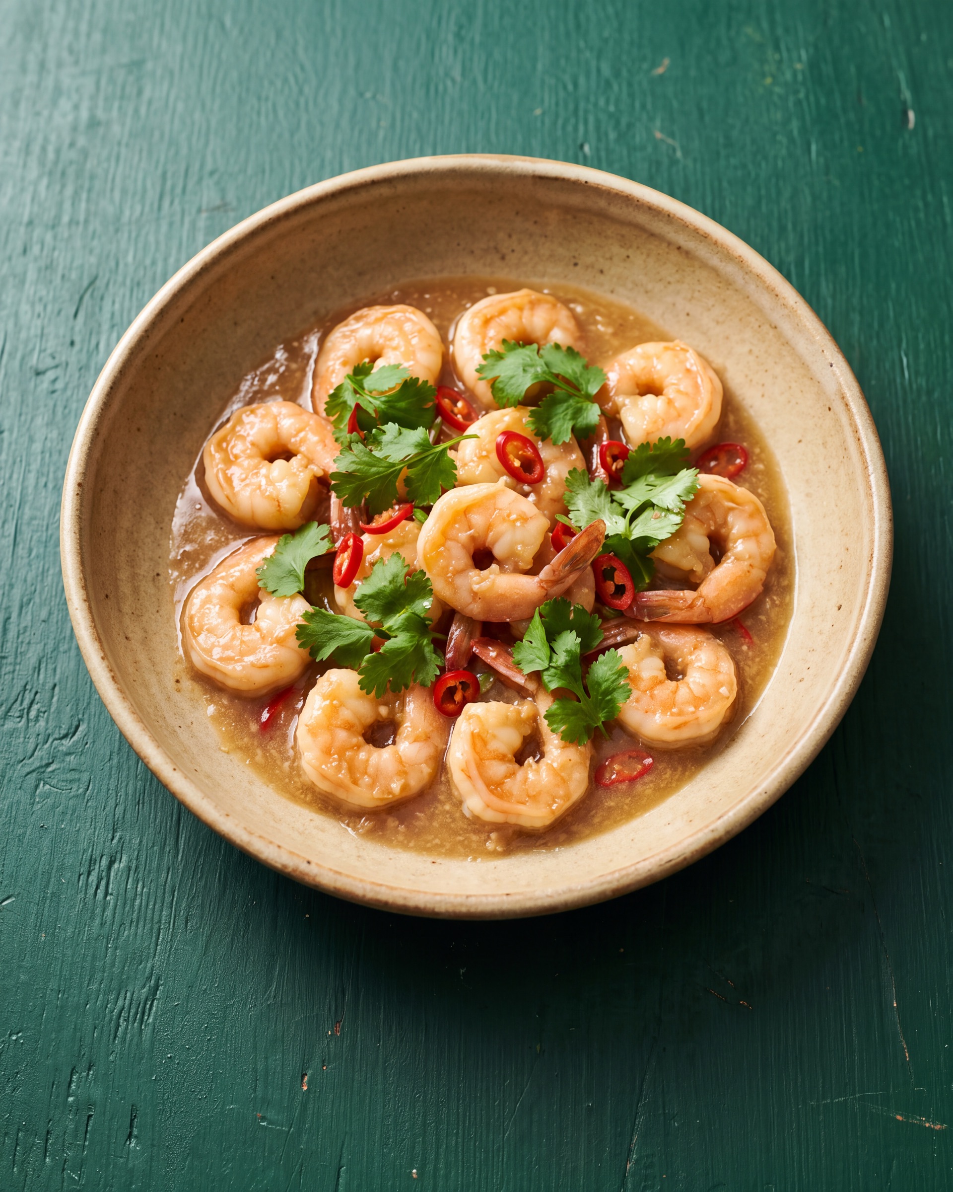 Prawns in a cloudy ginger sauce with sliced red chilli and coriander, in a sand-glazed bowl