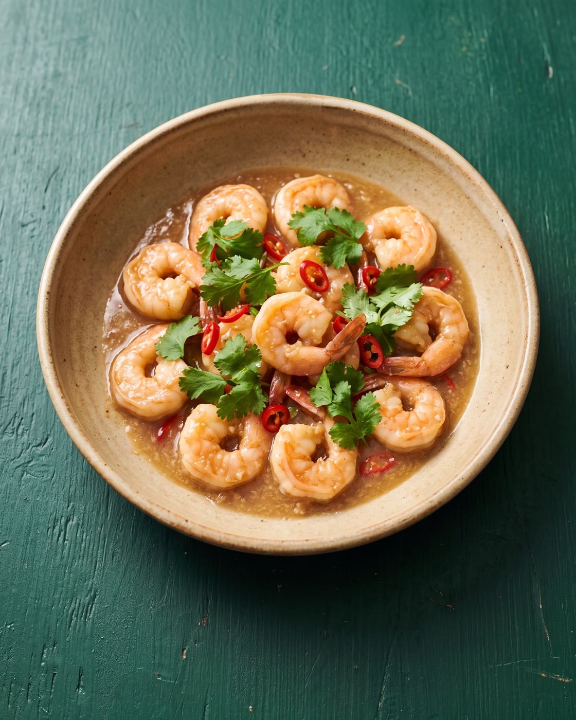 Prawns in a cloudy ginger sauce with sliced red chilli and coriander, in a sand-glazed bowl