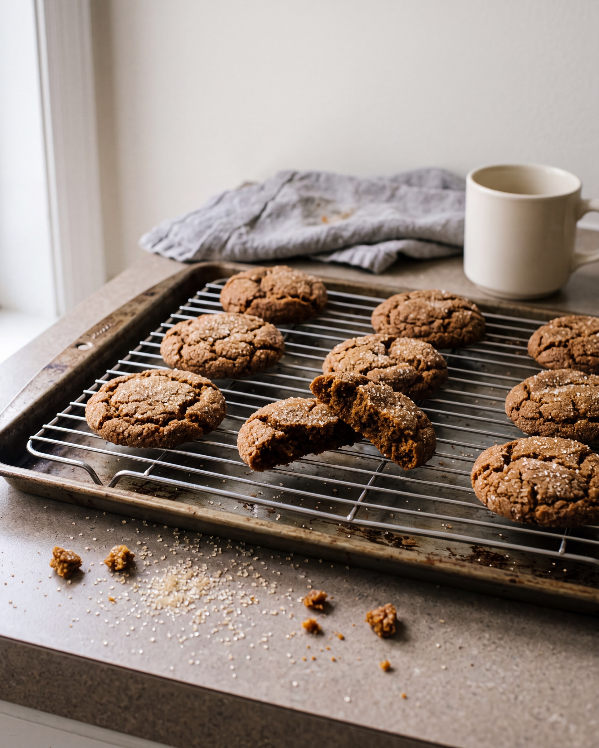 Ginger molasses cookies with crackled sugared tops, cooling on a wire rack
