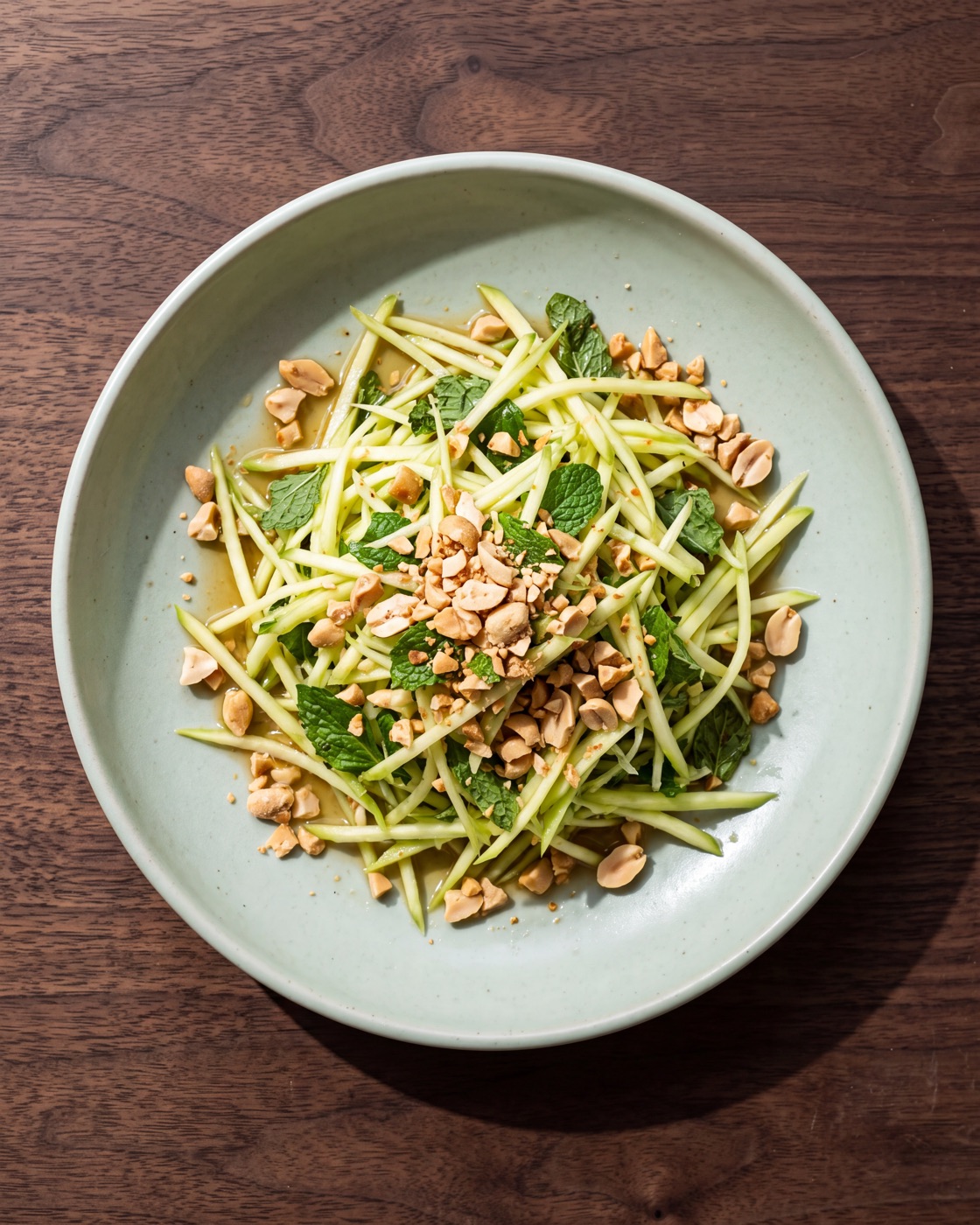 Green mango and peanut salad with mint, in a pale celadon bowl