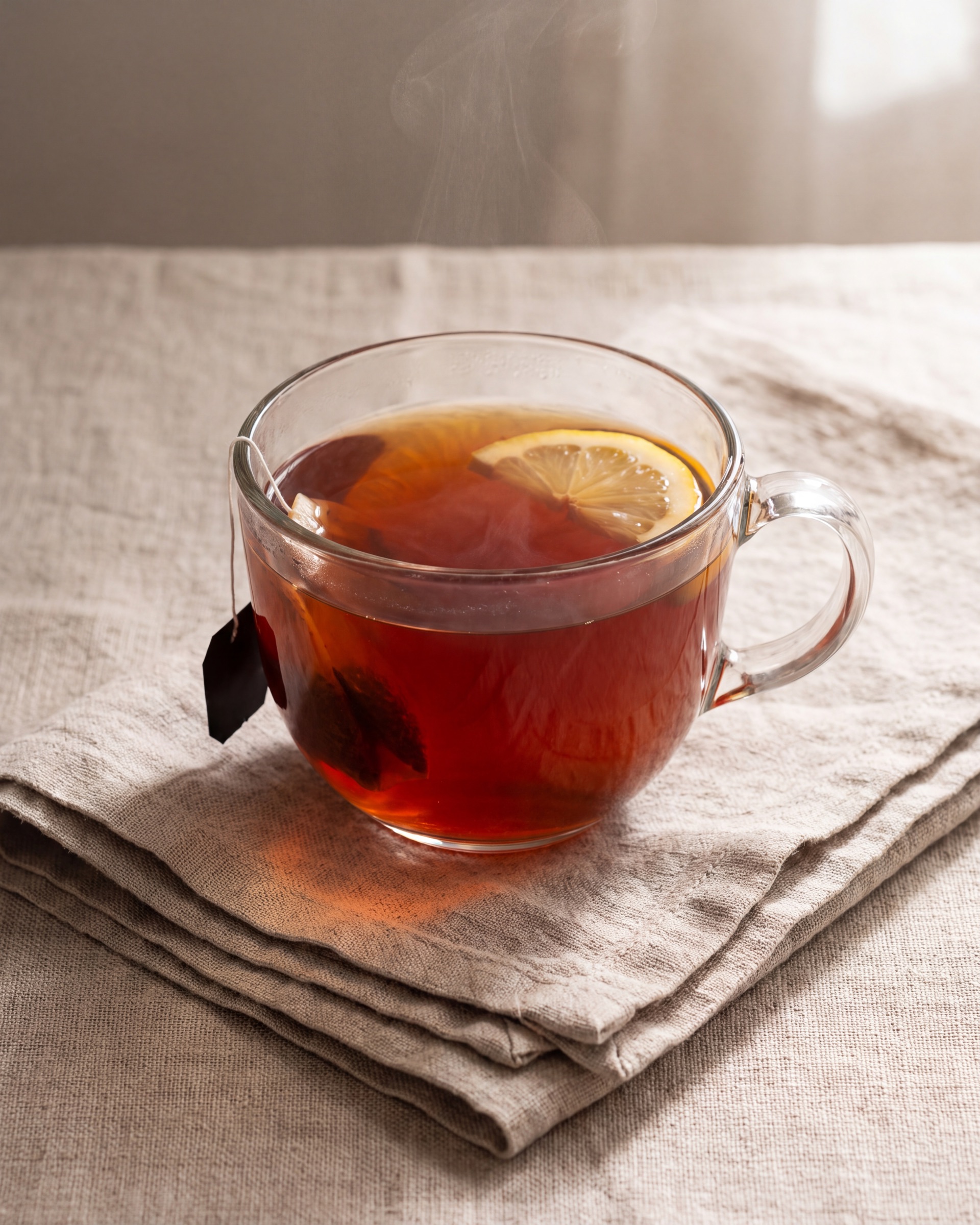 A glass teacup of hot kink ginger and Thai lime tea, steaming, with a slice of lime
