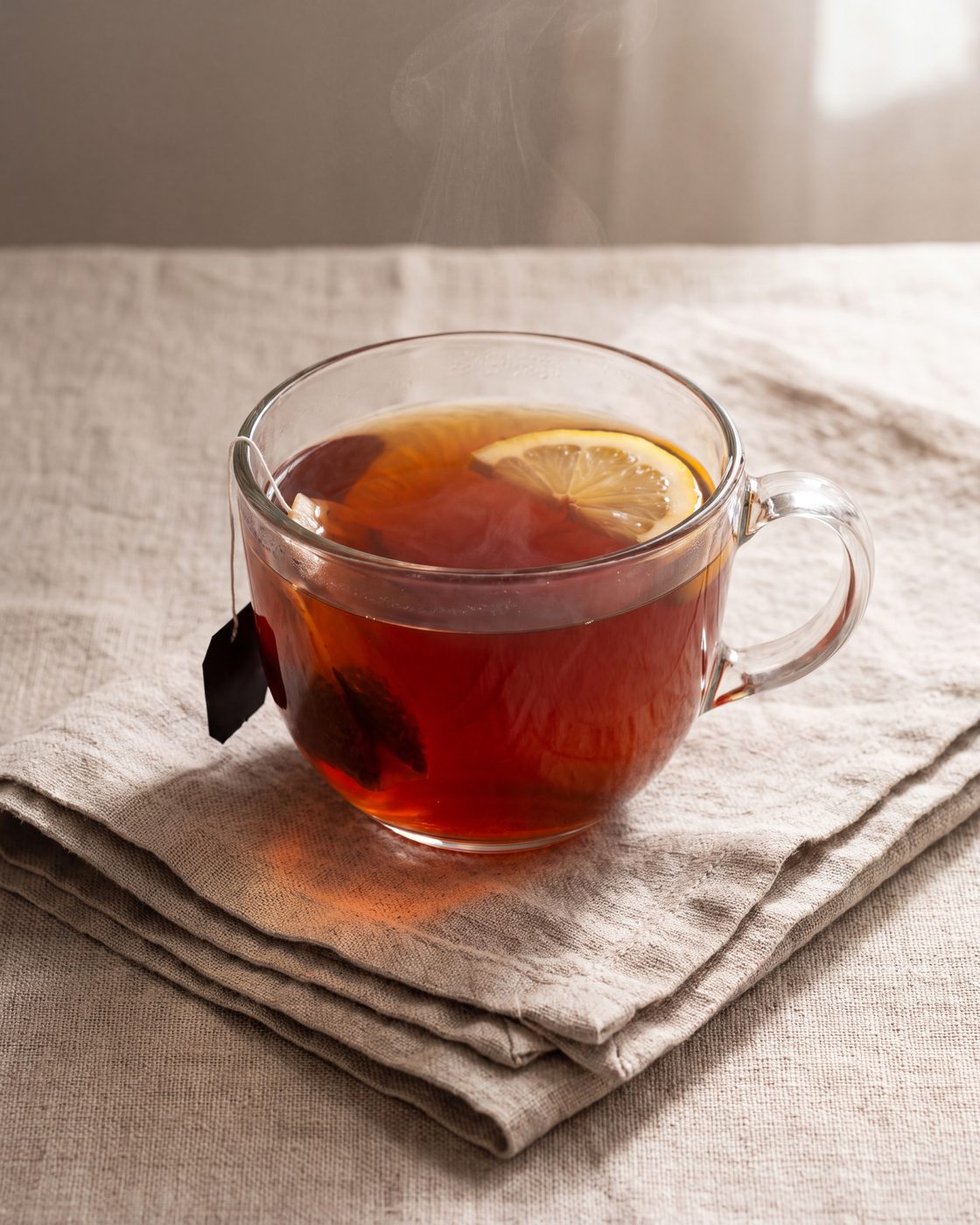 A glass teacup of hot kink ginger and Thai lime tea, steaming, with a slice of lime