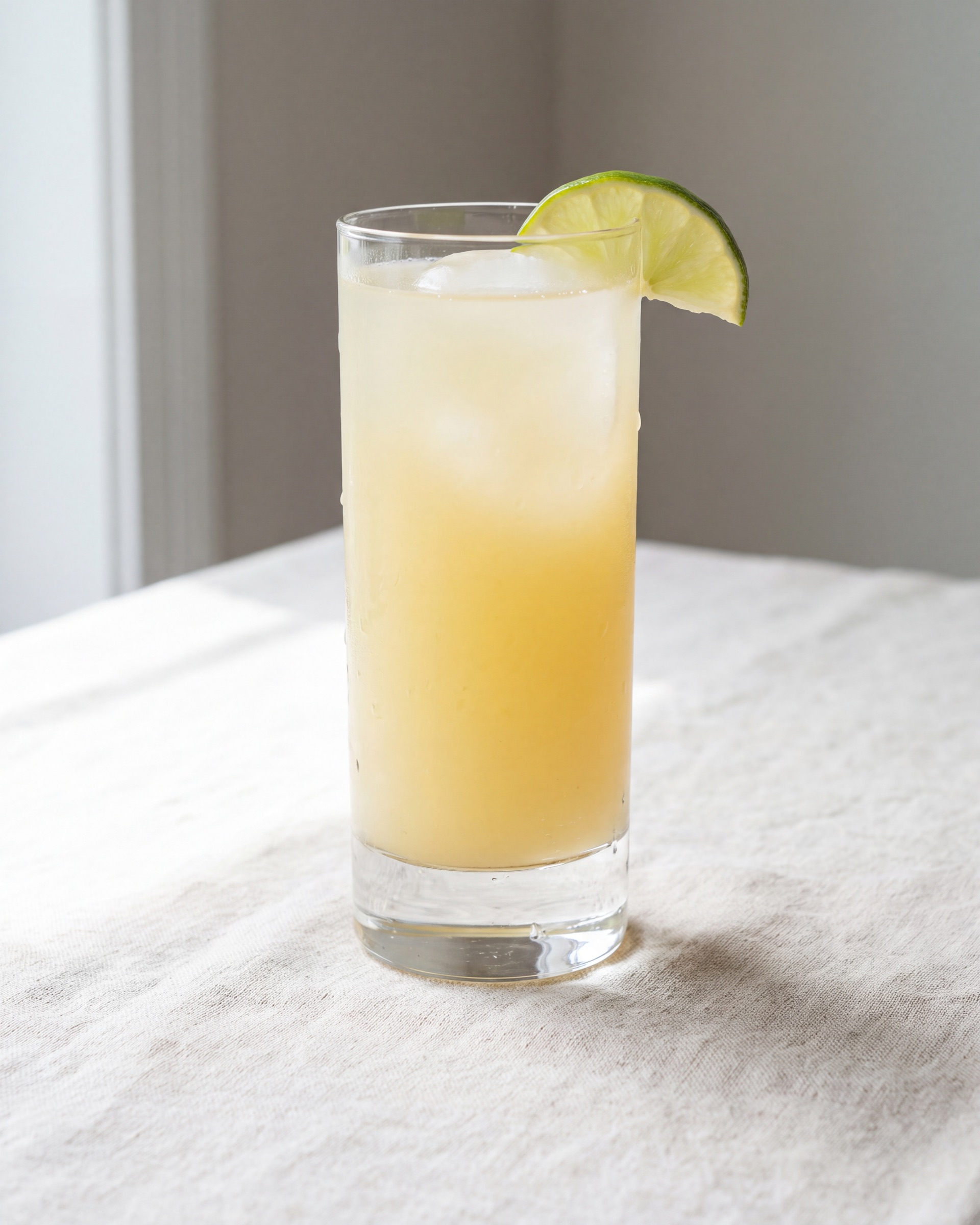 A tall glass of cloudy kink ginger soda over ice with a lime wedge