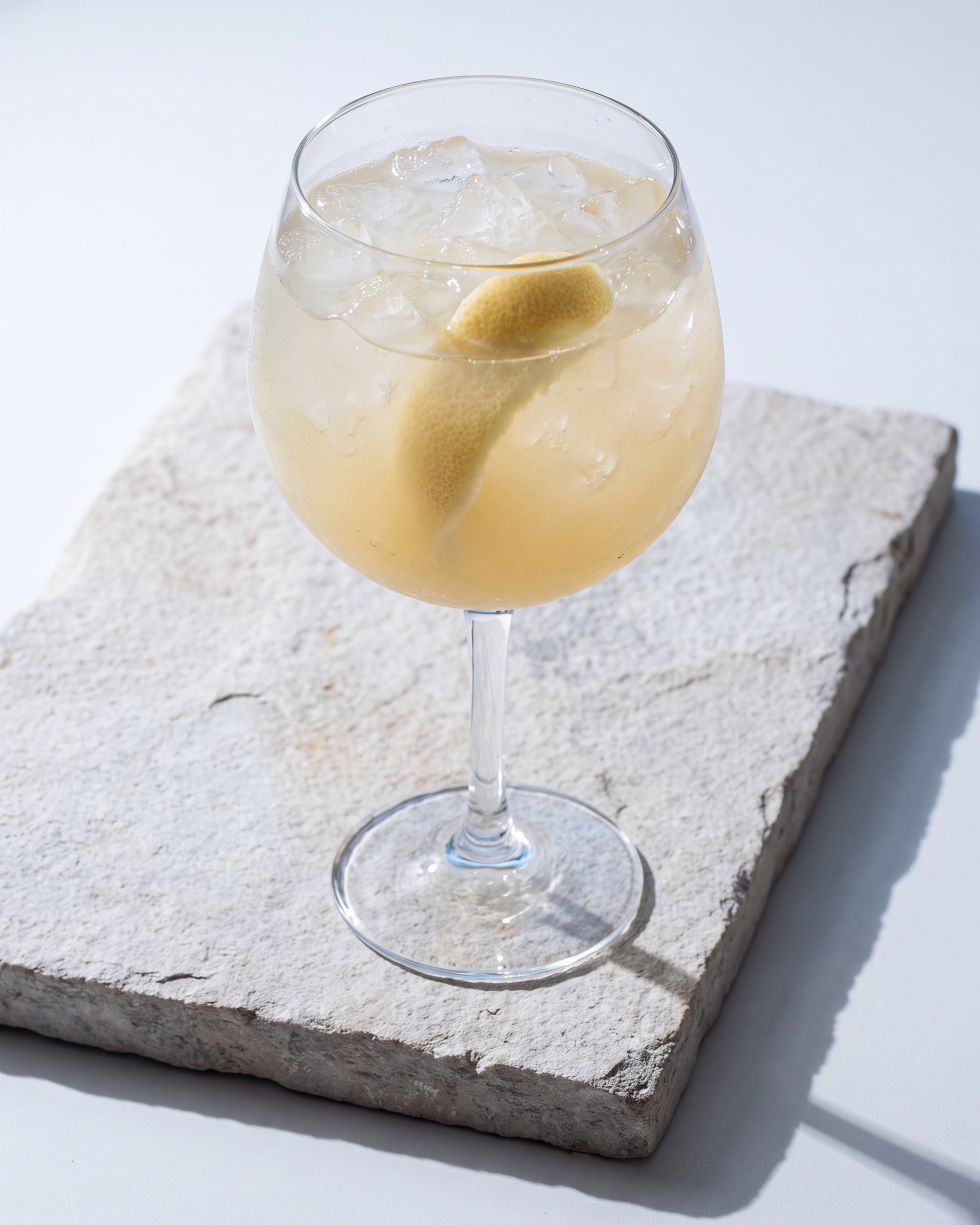 kink ginger tonic in a stemmed balloon glass, packed with ice, a twist of pomelo peel