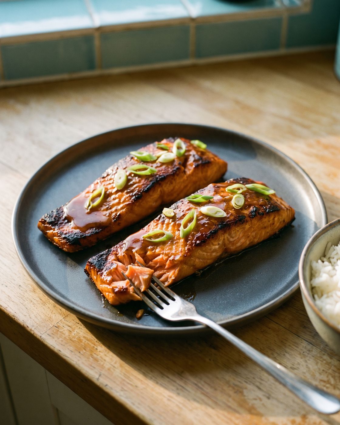 A forkful of kink glazed salmon lifted from the fillet, moist pink flesh under charred skin and a cloudy ginger glaze
