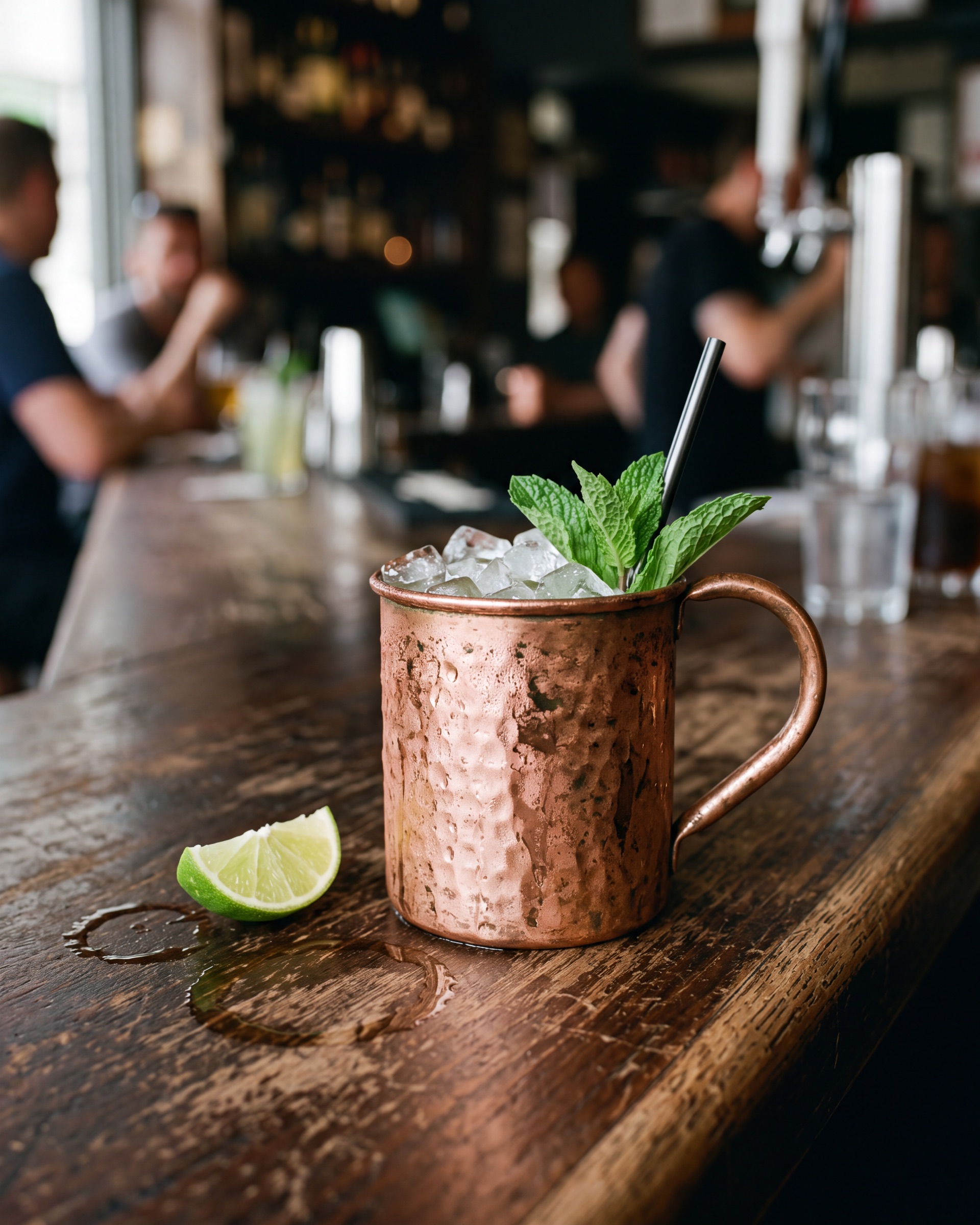 A frosted copper mug of kink mule with a sprig of mint