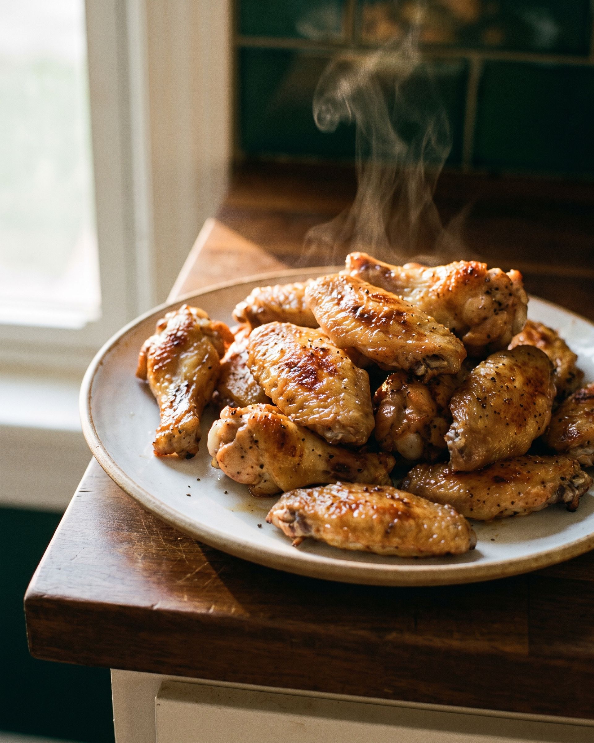 kink Wings with an unevenly glazed, charred skin and cracked pepper, steaming on a woven cotton runner