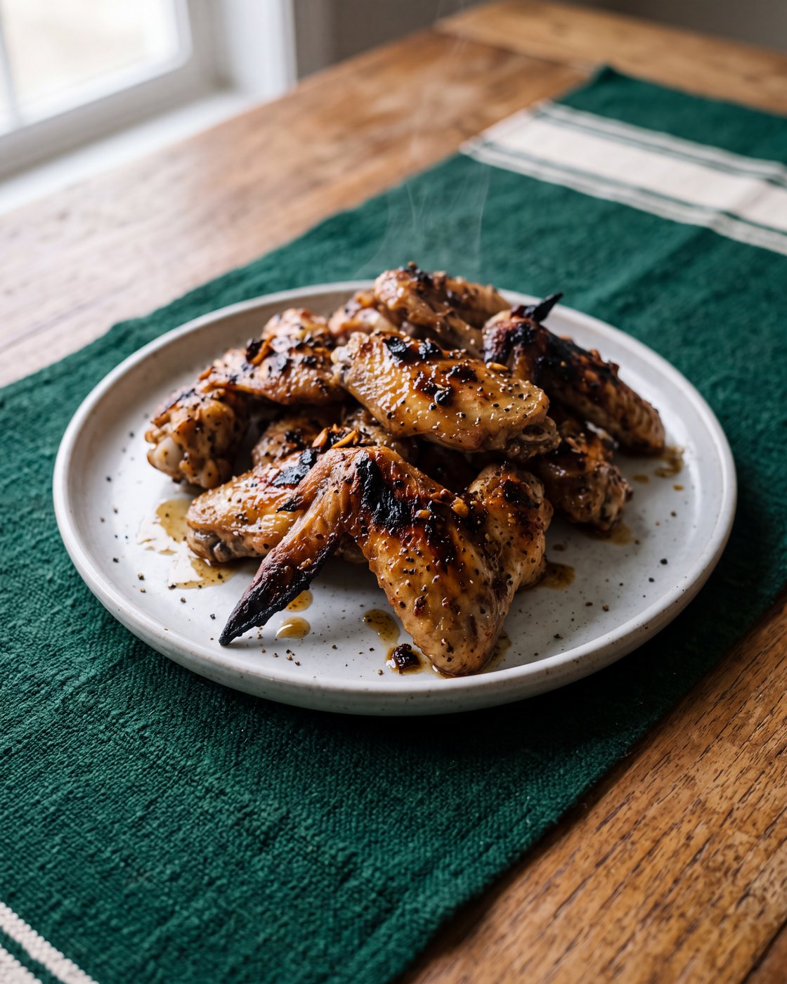 kink Wings with an unevenly glazed, charred skin and cracked pepper, steaming on a woven cotton runner