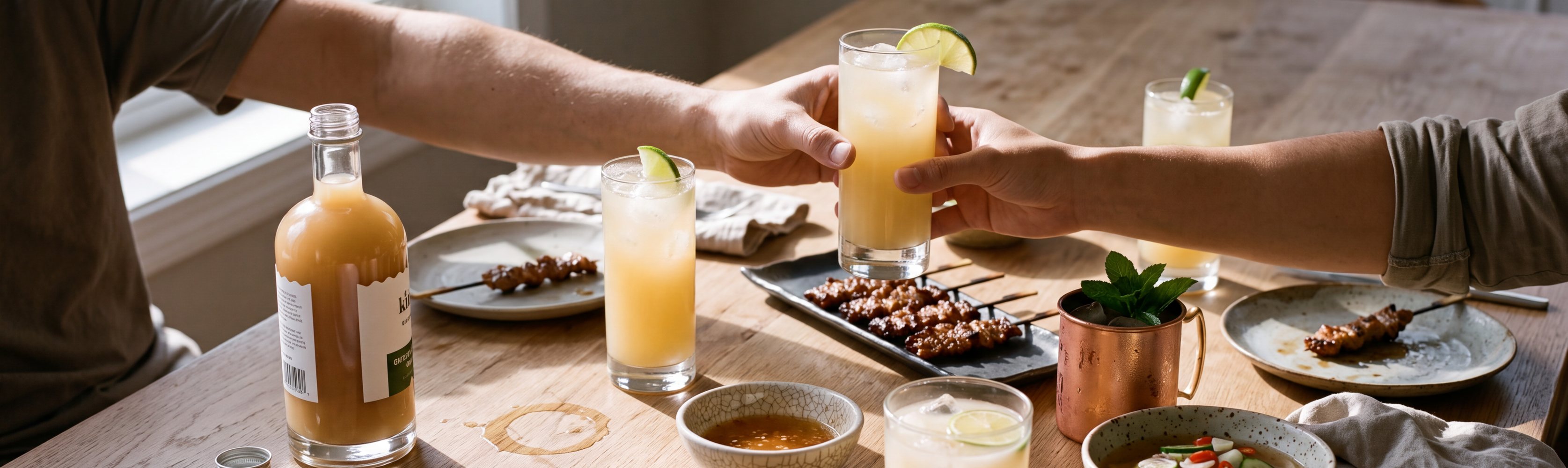 Hands passing a glass of kink ginger soda across a sunlit table, beside the bottle, more drinks and sharing plates