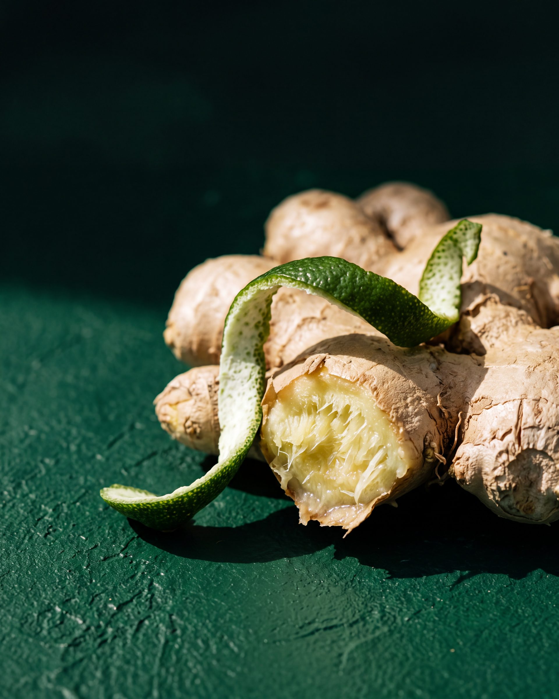 Fresh ginger with a curl of lime peel