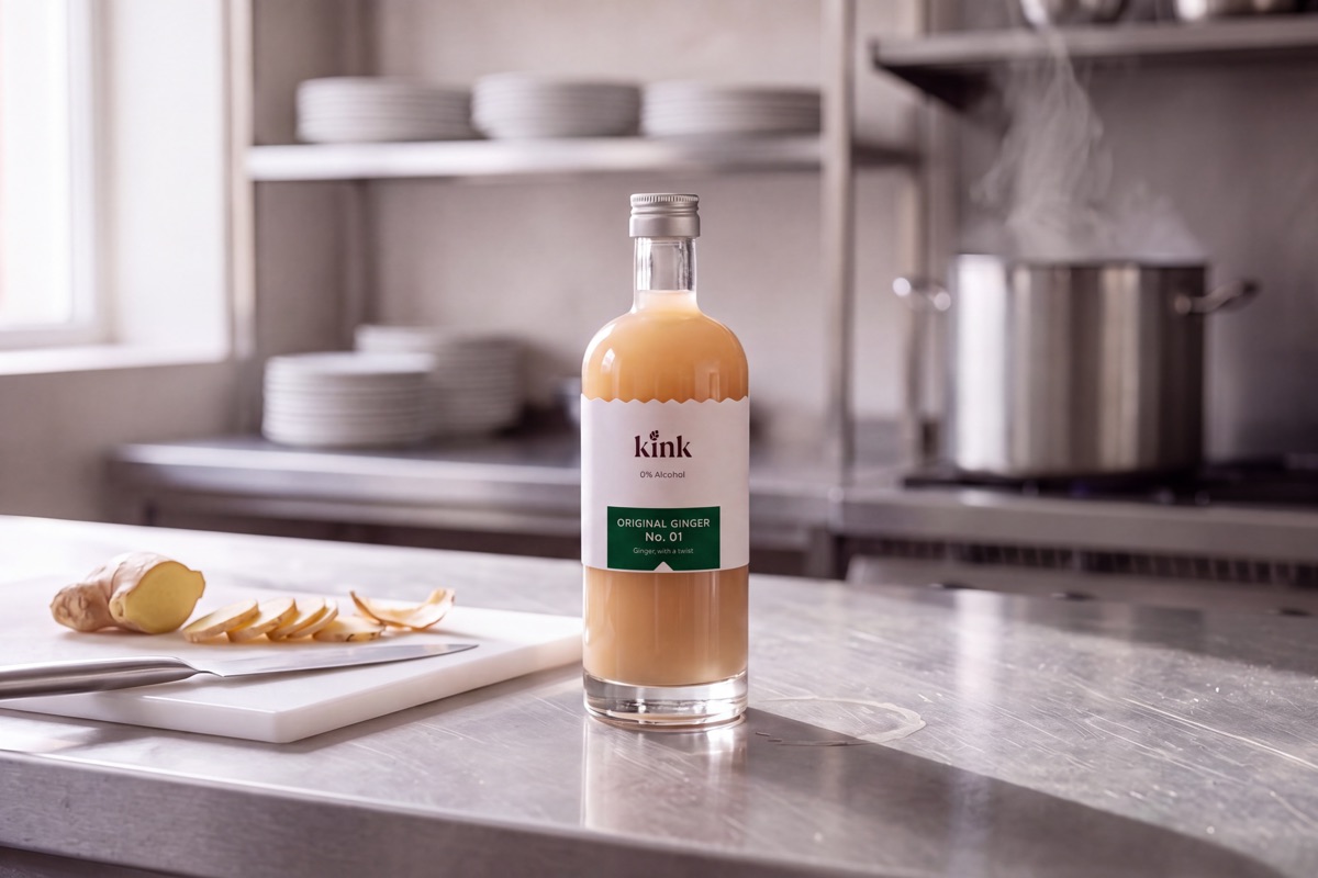 A kink 720ml bottle on a steel prep counter in a restaurant kitchen, beside fresh ginger sliced on a board