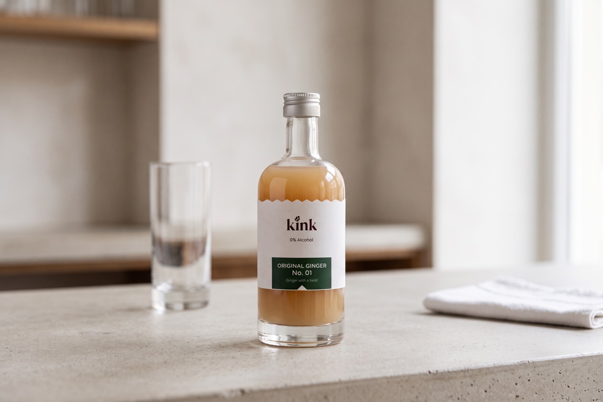 A kink 510ml bottle upright on a pale concrete counter beside an empty Collins glass