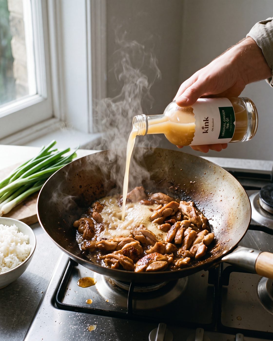kink poured from the bottle into a wok of ginger chicken